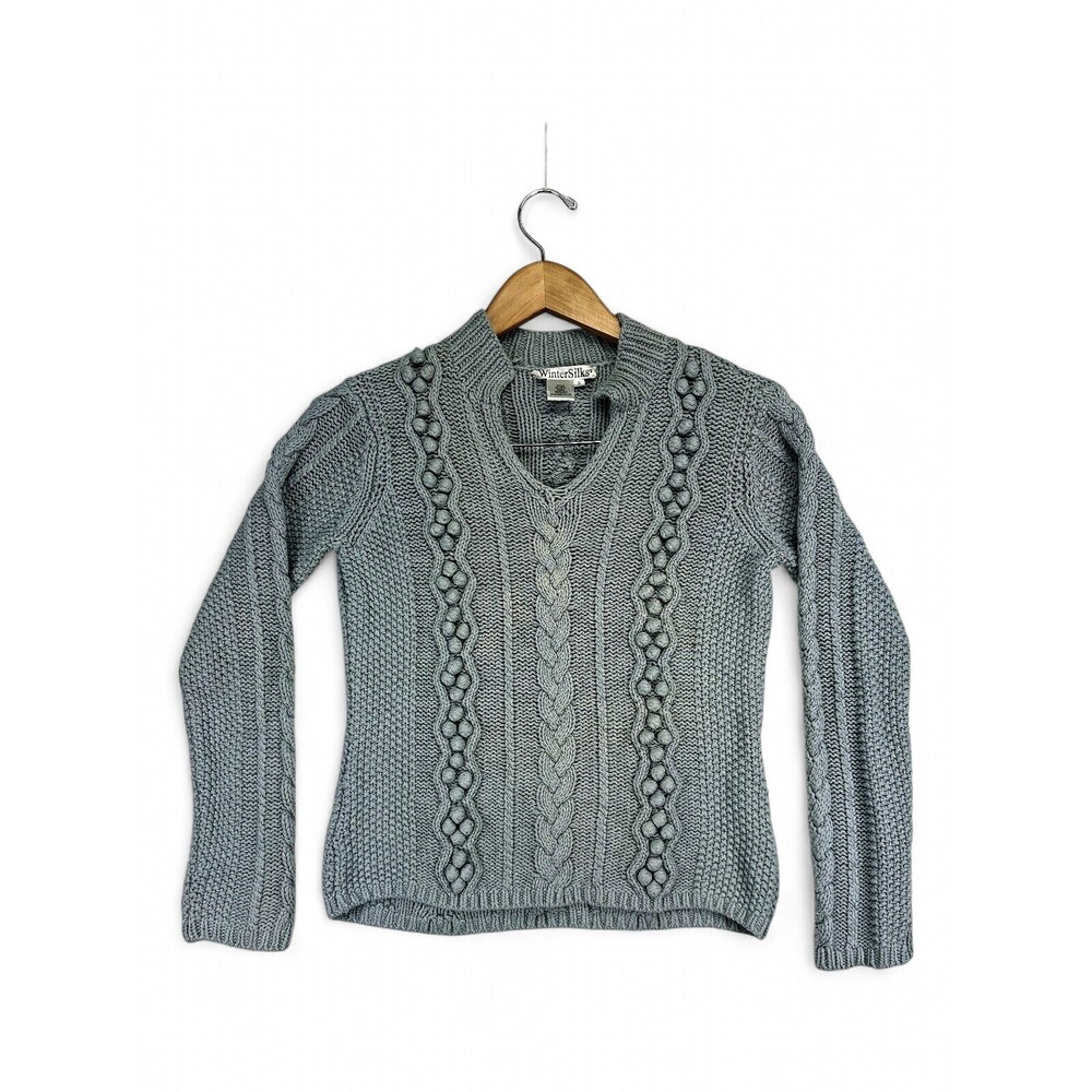 WinterSilks Silk-Blend Cable Knit V-Neck Sweater S
